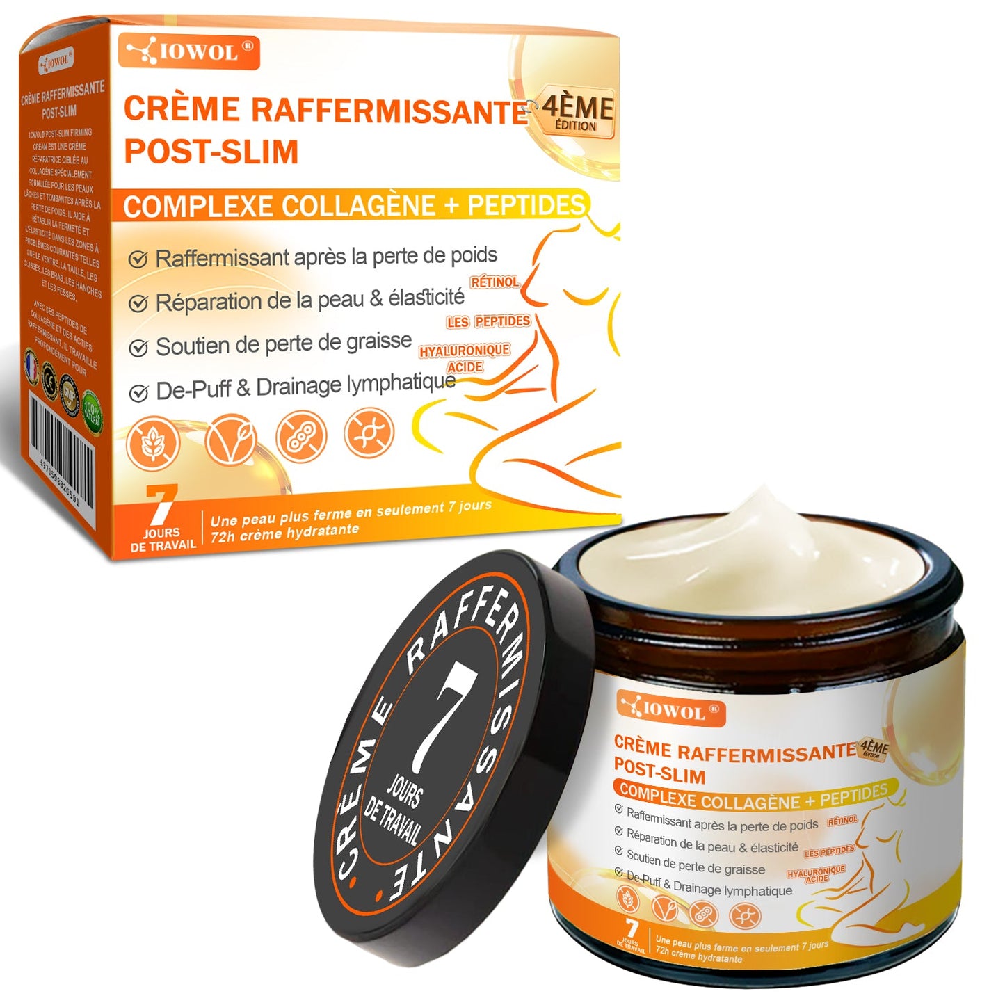 Boutique Officielle | 𝐈𝐎𝐖𝐎𝐋® Crème Raffermissante Post-Amincissement avec GHK-Cu, Argireline & Matrixyl 3000, peptides de collagène et actifs raffermissants pour cibler la peau relâchée et affaissée après une perte de poids.